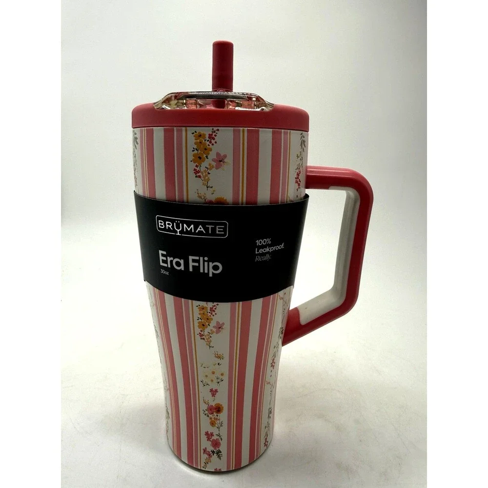 Brumate Era Flip 30oz Cascading Florals Leakproof Tumbler w Lid Straw Pink White